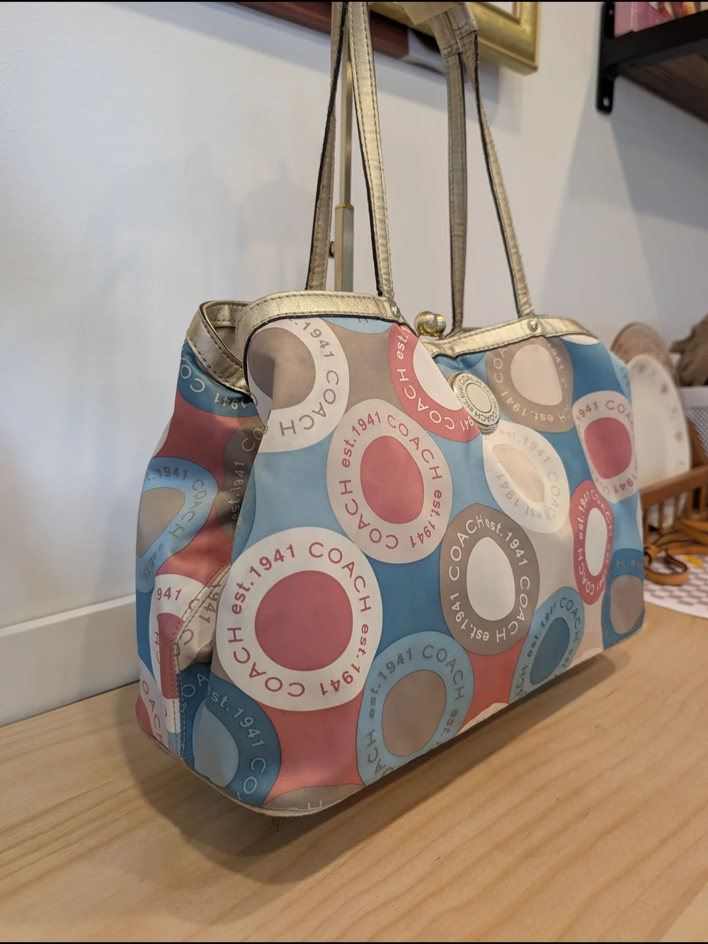 COACH Multicolor Circle Print “Est. 1941” Satchel with Gold Trim Tote Bag - Picture 3 of 16